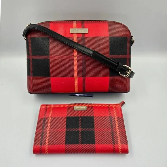 Kate Spade Red Plaid Dome Crossbody Bag‎ & Wallet Set - Picture 10 of 11